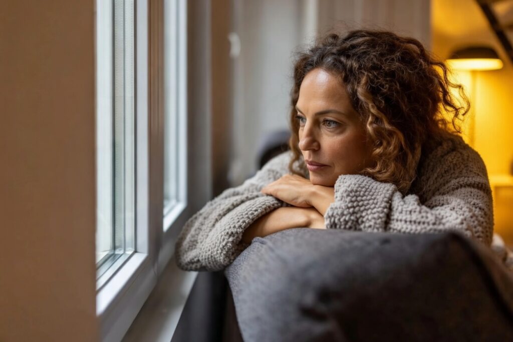 mulher pensativa representando a diferença entre empata e pessoa altamente sensível