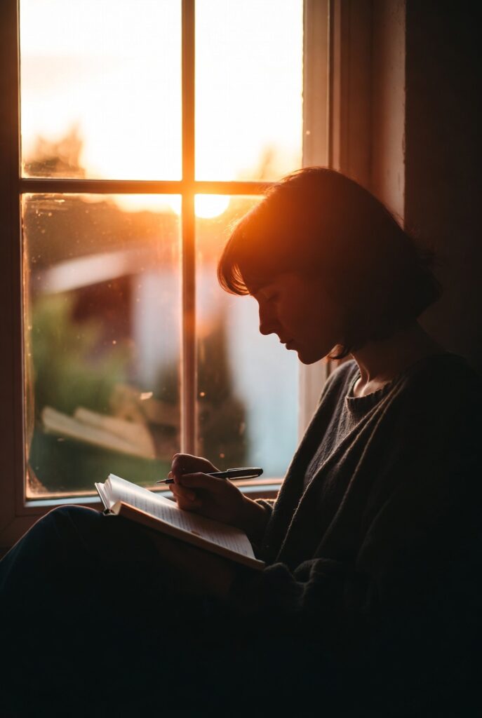 pessoa escrevendo diário de sonhos ao amanhecer durante despertar espiritual