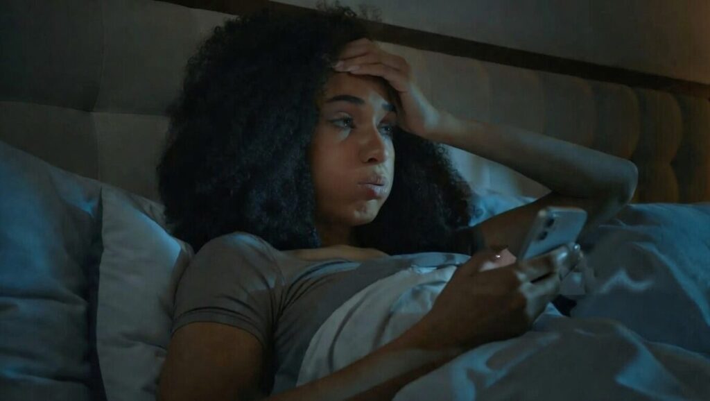 mulher ansiosa olhando celular à noite representando trauma de abandono nos relacionamentos