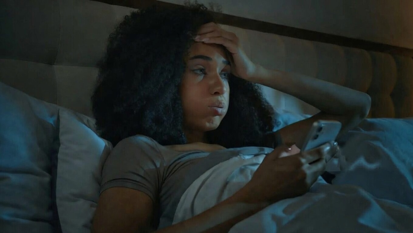 mulher ansiosa olhando celular à noite representando trauma de abandono nos relacionamentos