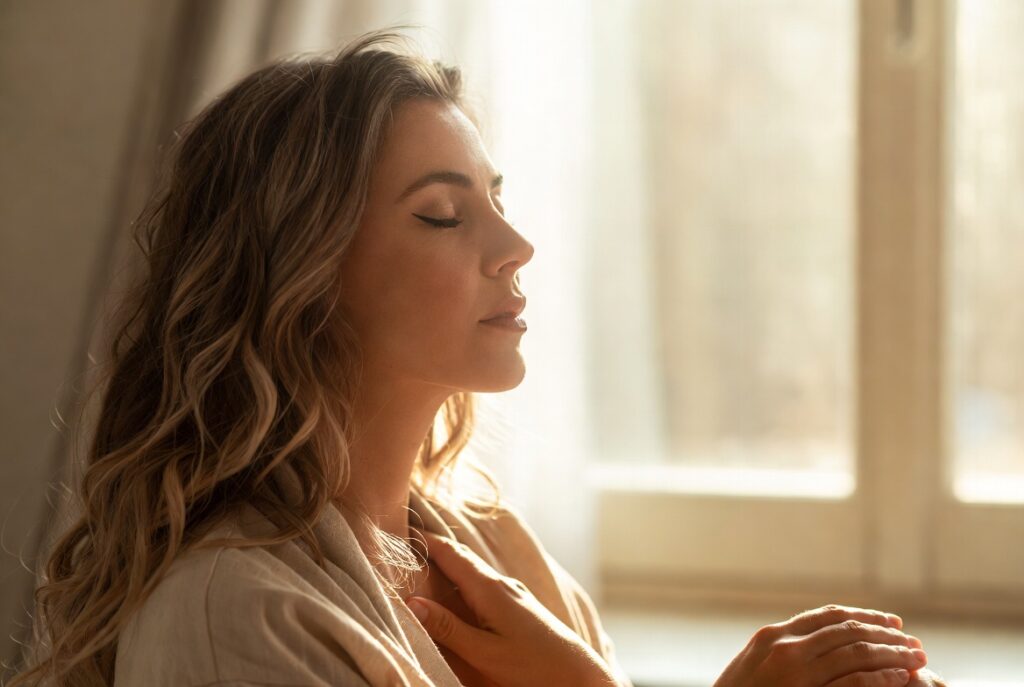 mulher sentada de olhos fechados em paz apos perceber que pessoas intuitivas percebem mentiras