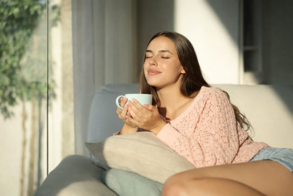mulher descansando perto da janela representando recuperação do cansaço emocional