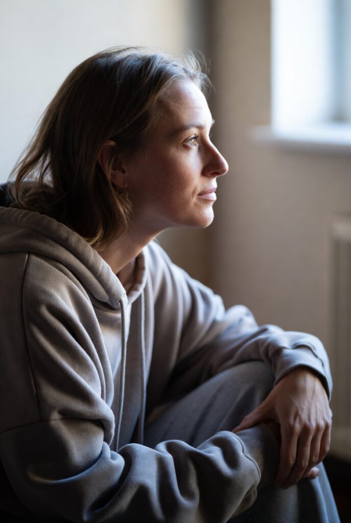 mulher sentada serena após finalmente nao ignorar a intuição