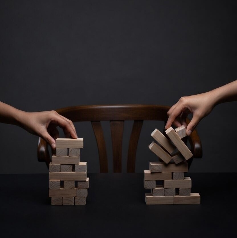 Mãos construindo e destruindo representando o padrão de quem sabota tudo que esta indo bem