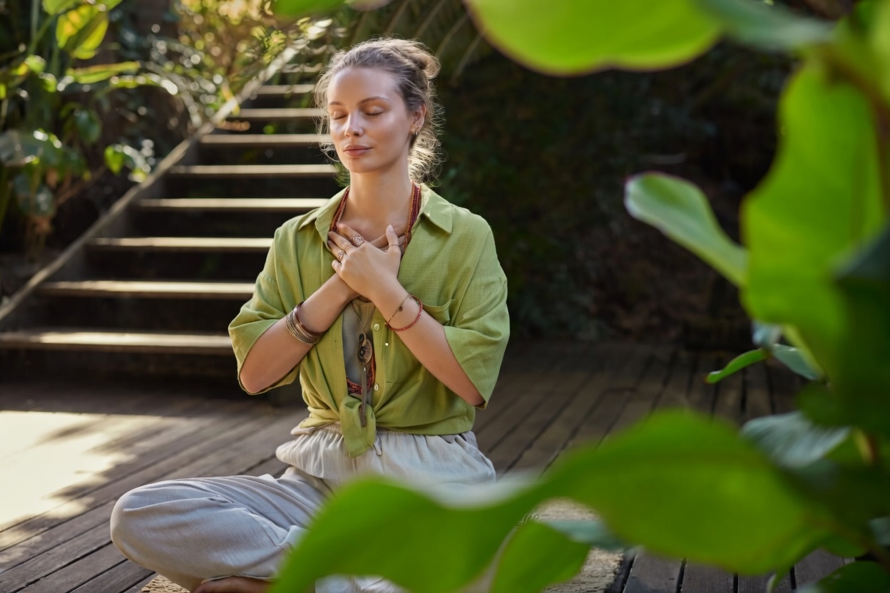 Mulher de olhos fechados com a mão no centro do peito, luz natural suave, expressão de escuta interna e presença treinando como desenvolver a intuição