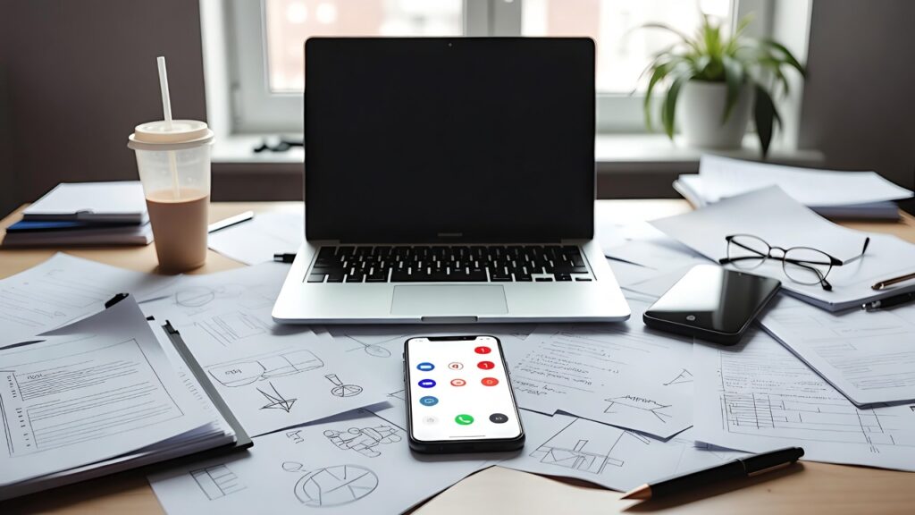 mesa com distrações e notificações representando os bloqueios de como ouvir a intuição