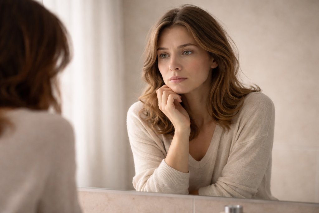 pessoa olhando reflexo representando dúvida interna e falta de autoconfiança