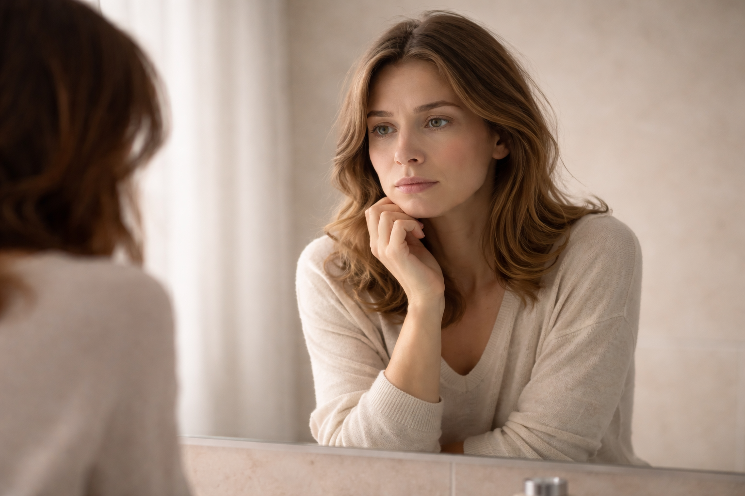 pessoa olhando reflexo representando dúvida interna e falta de autoconfiança