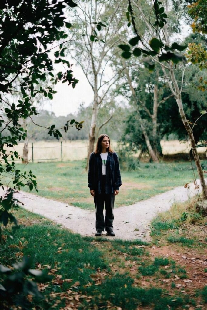 pessoa diante de uma escolha no caminho simbolizando o processo de viver alinhado com seus valores