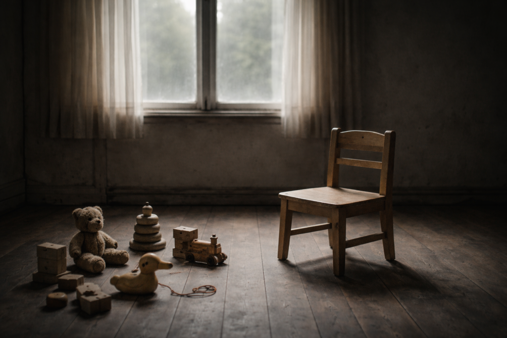 Cadeira vazia em frente à janela representando a infância perdida de quem teve que crescer antes do tempo