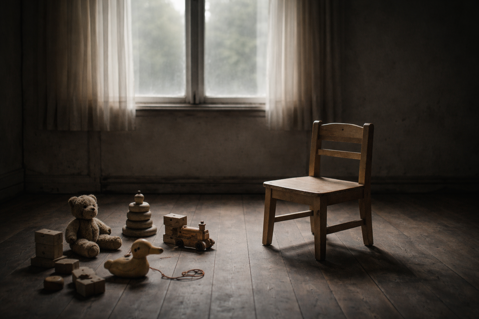 Cadeira vazia em frente à janela representando a infância perdida de quem teve que crescer antes do tempo