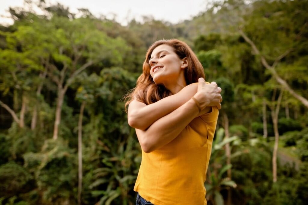Mulher adulta se abraçando representando reparentalização e cura de quem teve que crescer antes do tempo