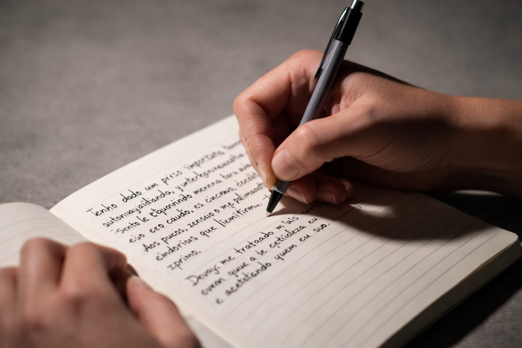 mãos escrevendo em caderno durante exercício de autoconhecimento