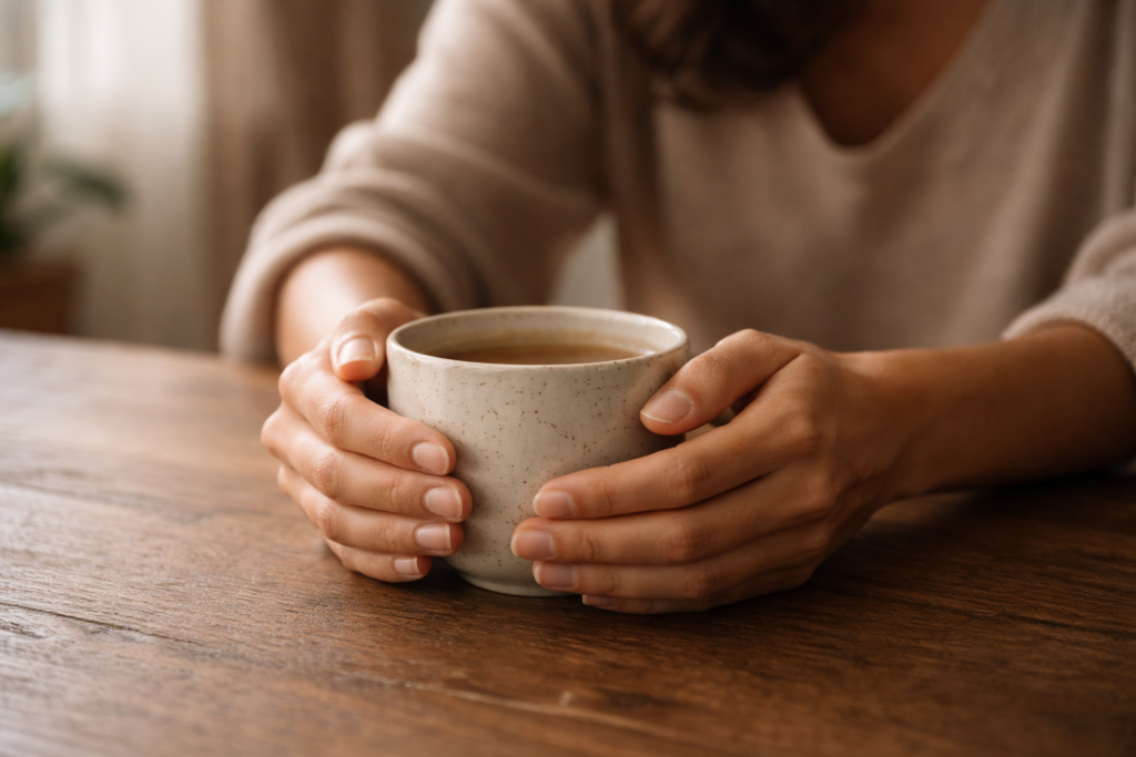 mãos femininas segurando xícara representando pausa e escuta da intuição nos relacionamentos