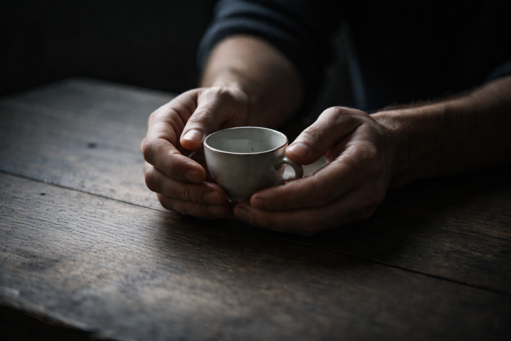 Mãos adultas segurando objeto frágil representando o peso emocional de crescer antes do tempo