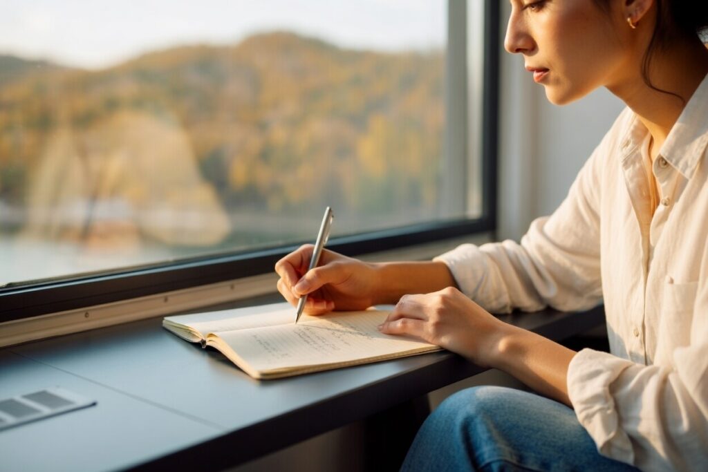 pessoa escrevendo em caderno refletindo sobre como descobrir meu propósito de vida