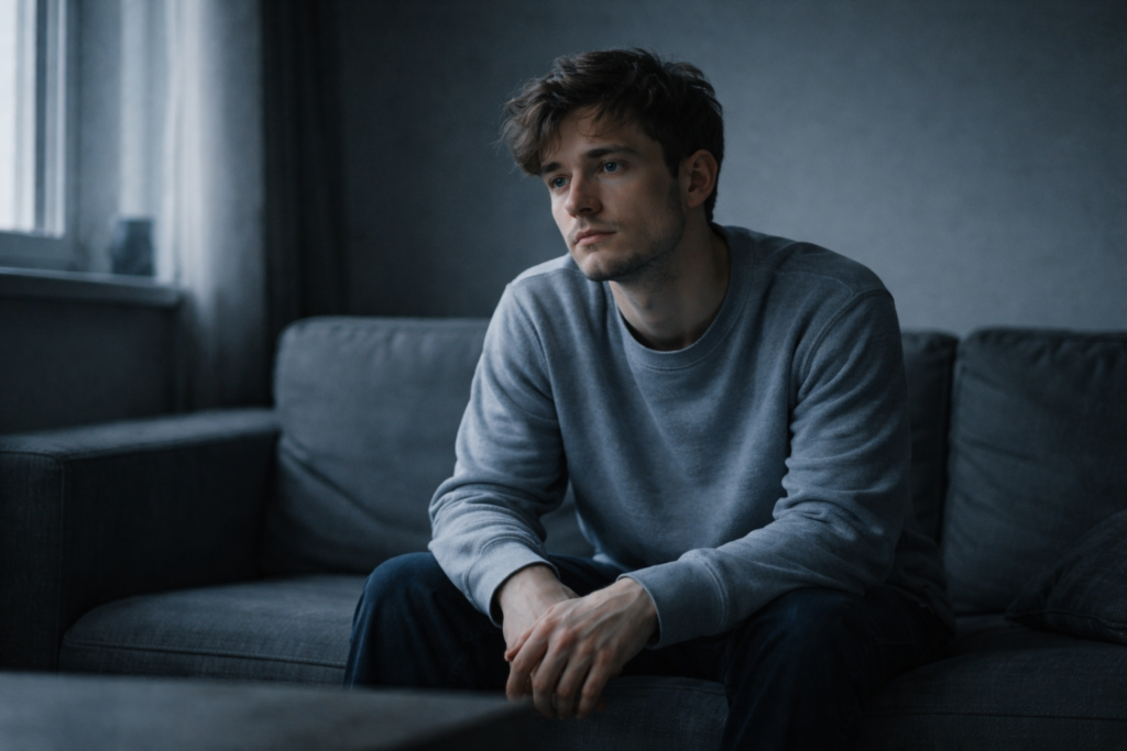 pessoa sozinha refletindo sobre relacionamento kármico e padrões emocionais não resolvidos