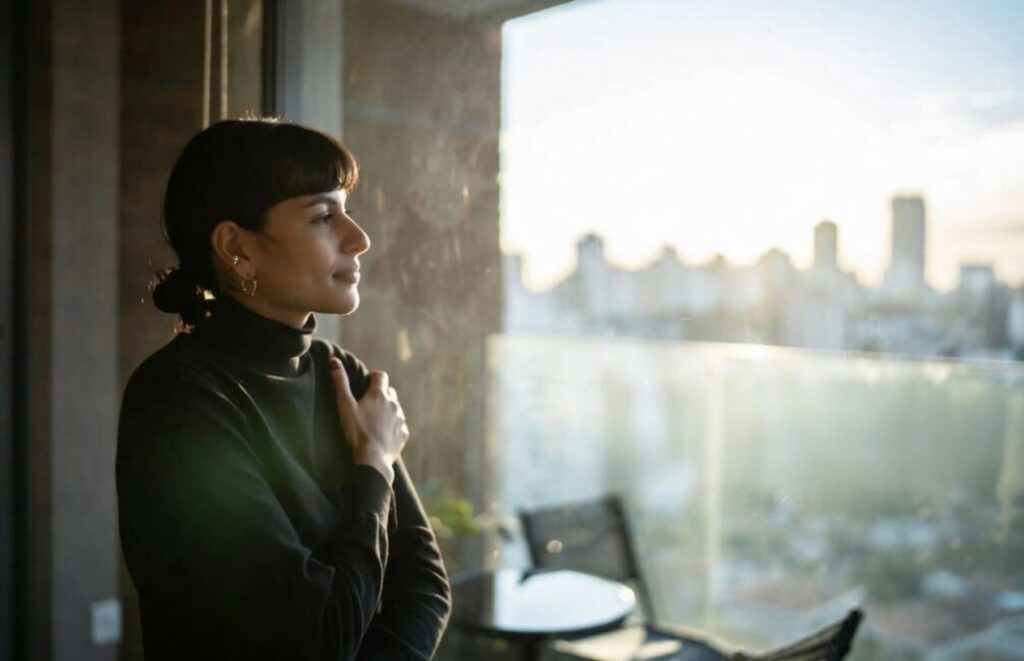 pessoa que transforma os ambientes em pausa consciente cuidando da própria presença após transformar o ambiente ao redor