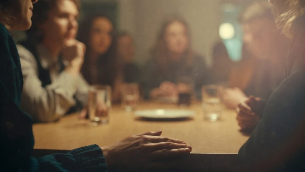 mão afastada em mesa de grupo simbolizando solidão em meio às pessoas