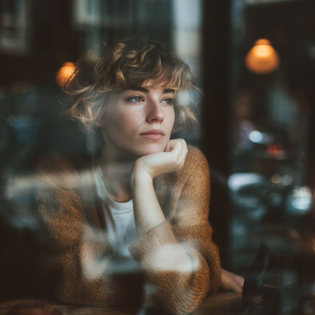 Mulher sentada sozinha em café com olhar contemplativo voltado para a janela, representando o processo de reconhecer e nomear uma dinâmica difícil