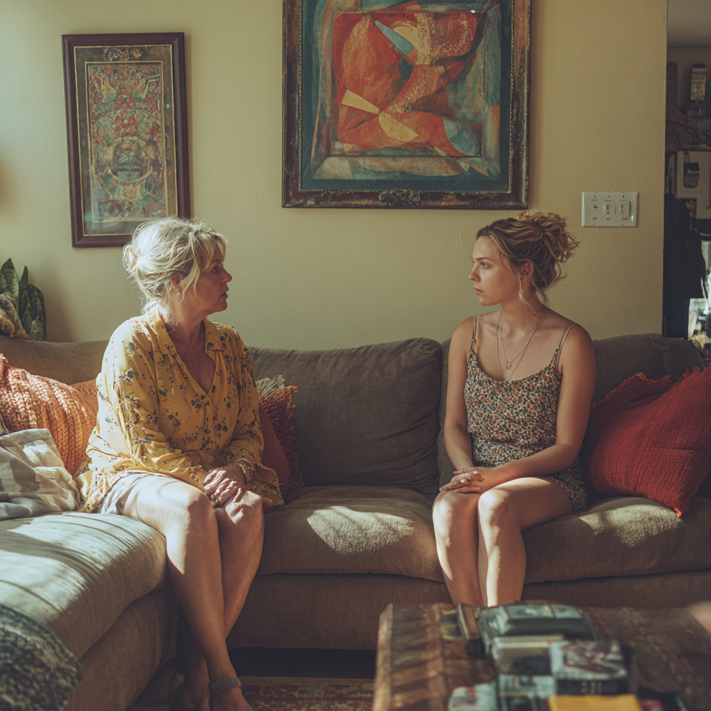 Mãe e filha em conversa tensa na sala, com linguagem corporal fechada, ilustrando dinâmica narcisista