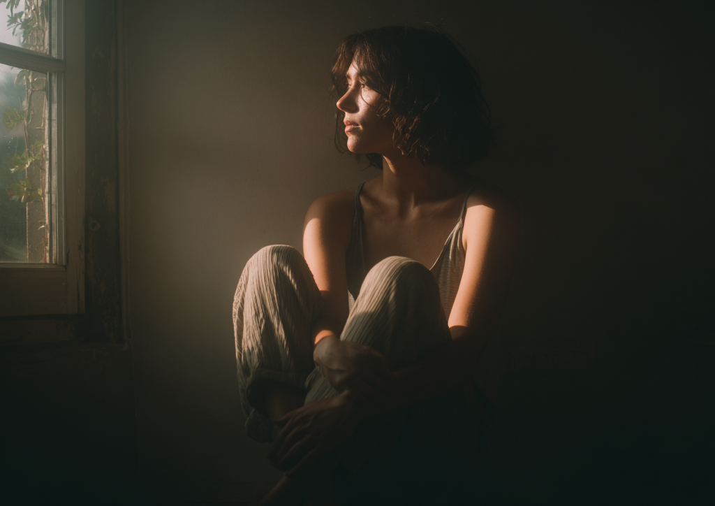 Mulher sentada sozinha próxima à janela com luz suave, representando o impacto emocional de ter uma mãe narcisista